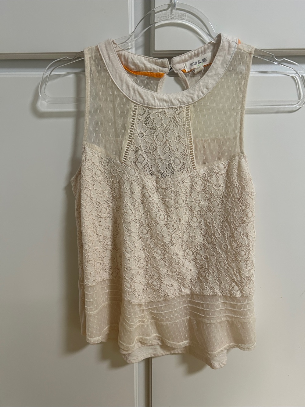 Taylor & Sage Ivory Lace & Sheer Dot Sleeveless Top Boho Small